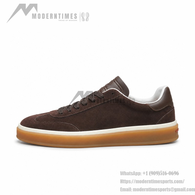 Loro Piana Tennis Walk Sneaker in dark chocolate brown suede with dark brown leather accents and Coffee Gum Sole
