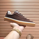 Loro Piana Tennis Walk Sneaker in dark chocolate brown suede with dark brown leather accents and Coffee Gum Sole