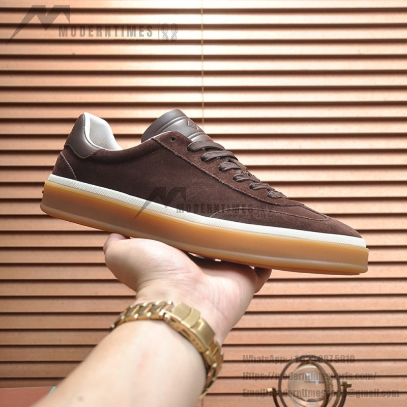Loro Piana Tennis Walk Sneaker in dark chocolate brown suede with dark brown leather accents and Coffee Gum Sole