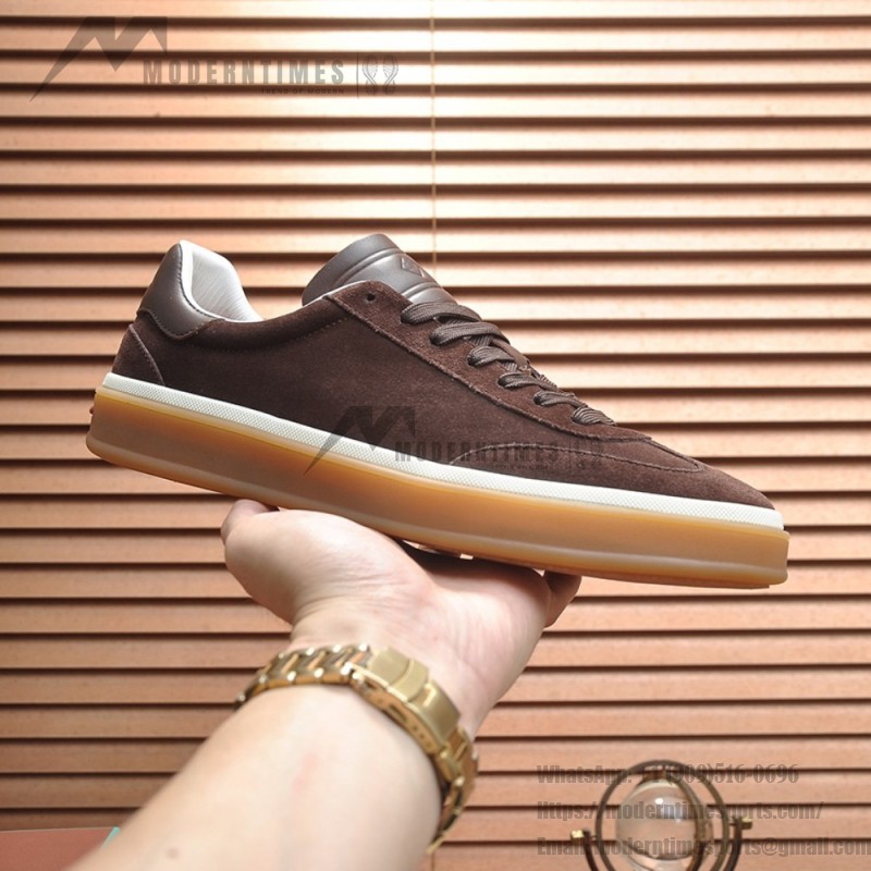 Loro Piana Tennis Walk Sneaker in dark chocolate brown suede with dark brown leather accents and Coffee Gum Sole
