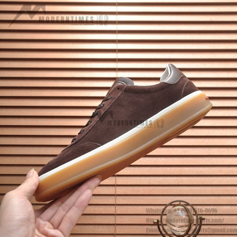 Loro Piana Tennis Walk Sneaker in dark chocolate brown suede with dark brown leather accents and Coffee Gum Sole