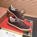 Loro Piana Tennis Walk Sneaker in dark chocolate brown suede with dark brown leather accents and Coffee Gum Sole