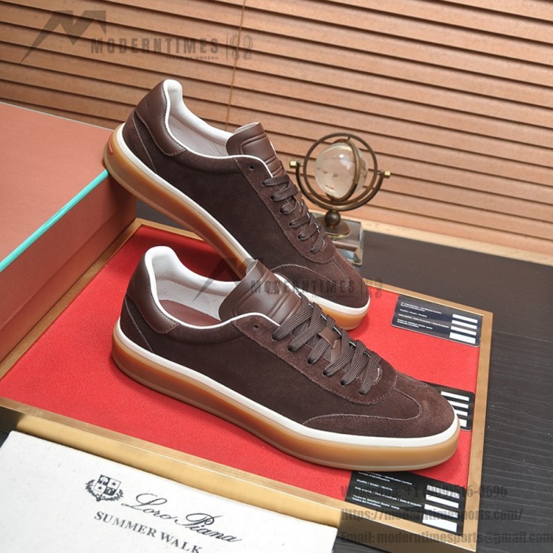 Loro Piana Tennis Walk Sneaker in dark chocolate brown suede with dark brown leather accents and Coffee Gum Sole
