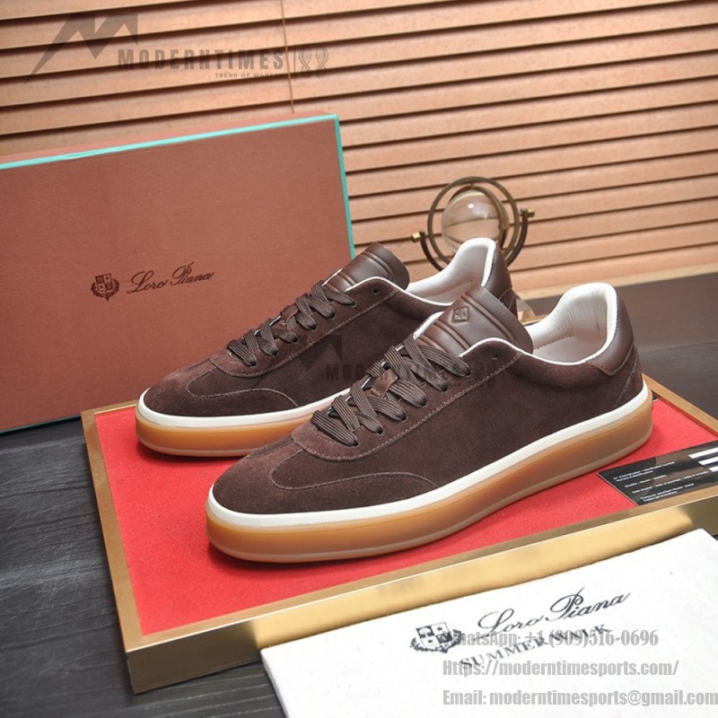 Loro Piana Tennis Walk Sneaker in dark chocolate brown suede with dark brown leather accents and Coffee Gum Sole