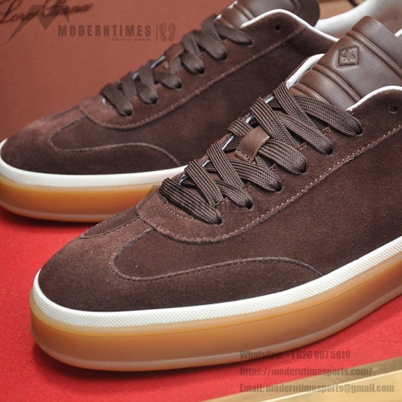 Loro Piana Tennis Walk Sneaker in dark chocolate brown suede with dark brown leather accents and Coffee Gum Sole