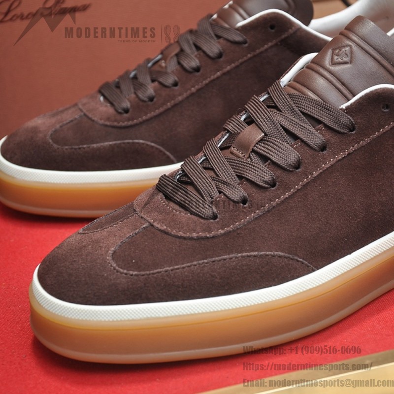 Loro Piana Tennis Walk Sneaker in dark chocolate brown suede with dark brown leather accents and Coffee Gum Sole