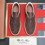 Loro Piana Tennis Walk Sneaker in dark chocolate brown suede with dark brown leather accents and Coffee Gum Sole