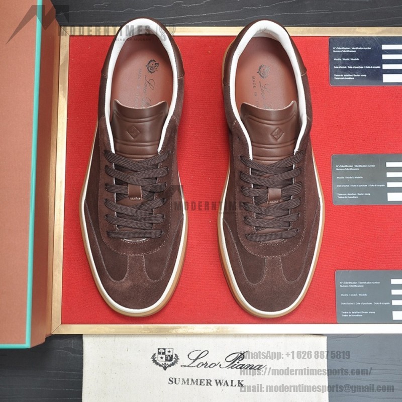 Loro Piana Tennis Walk Sneaker in dark chocolate brown suede with dark brown leather accents and Coffee Gum Sole