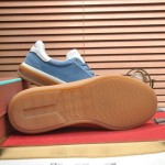 Loro Piana Tennis Walk Sneaker in Dusty Blue suede with white leather accents and Coffee Gum Sole