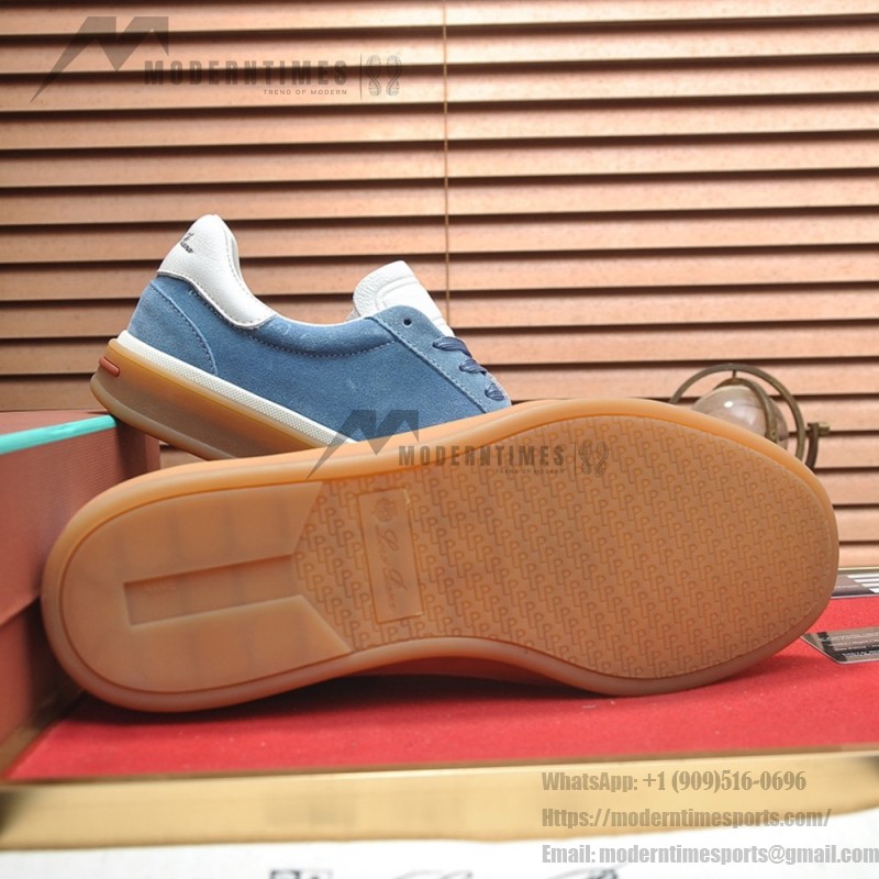 Loro Piana Tennis Walk Sneaker in Dusty Blue suede with white leather accents and Coffee Gum Sole
