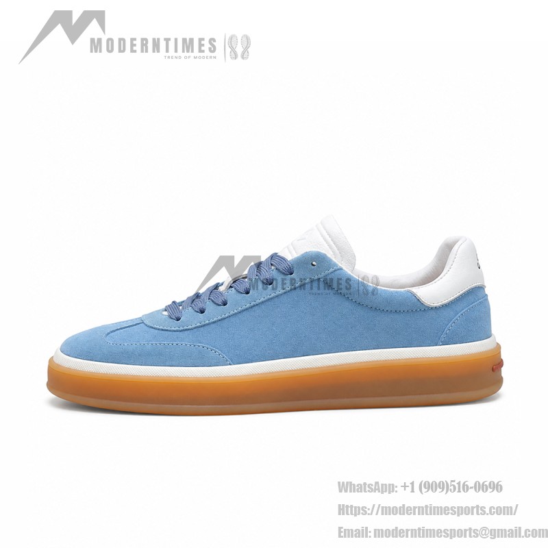 Loro Piana Tennis Walk Sneaker in Dusty Blue suede with white leather accents and Coffee Gum Sole