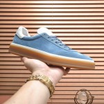 Loro Piana Tennis Walk Sneaker in Dusty Blue suede with white leather accents and Coffee Gum Sole