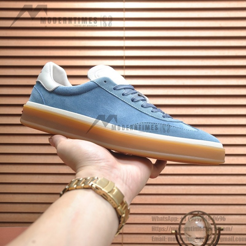 Loro Piana Tennis Walk Sneaker in Dusty Blue suede with white leather accents and Coffee Gum Sole