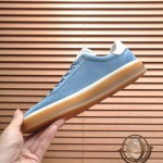 Loro Piana Tennis Walk Sneaker in Dusty Blue suede with white leather accents and Coffee Gum Sole