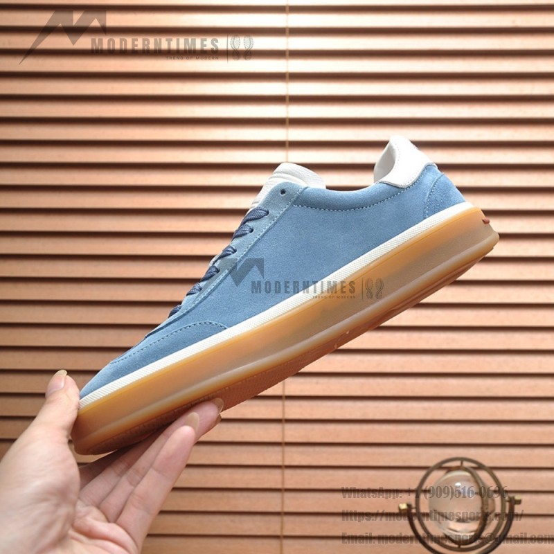 Loro Piana Tennis Walk Sneaker in Dusty Blue suede with white leather accents and Coffee Gum Sole