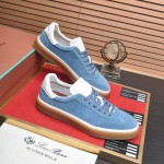 Loro Piana Tennis Walk Sneaker in Dusty Blue suede with white leather accents and Coffee Gum Sole