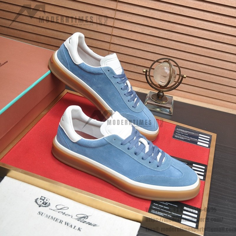 Loro Piana Tennis Walk Sneaker in Dusty Blue suede with white leather accents and Coffee Gum Sole