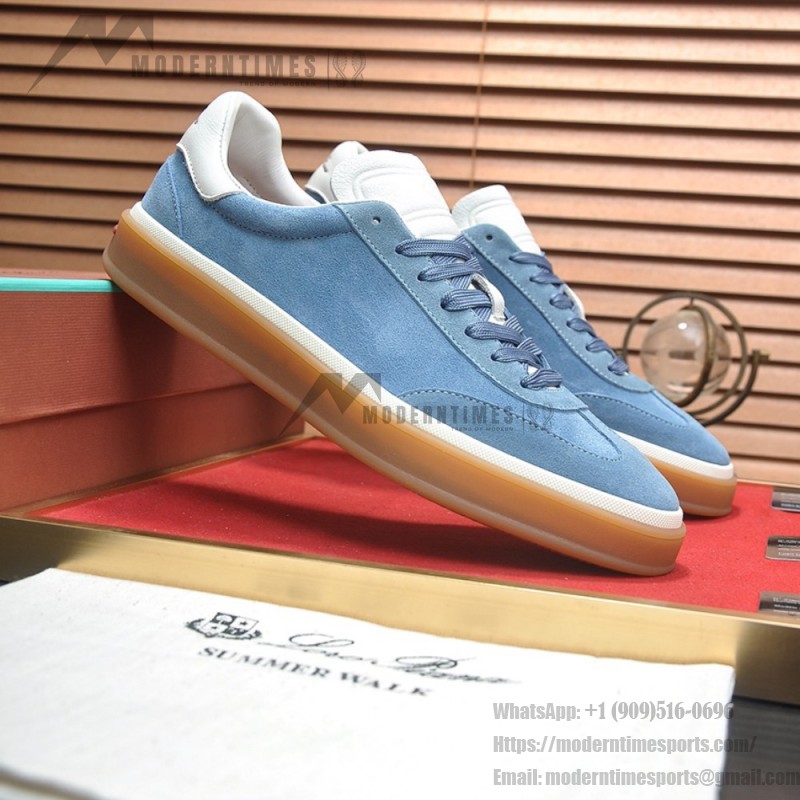 Loro Piana Tennis Walk Sneaker in Dusty Blue suede with white leather accents and Coffee Gum Sole