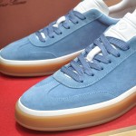 Loro Piana Tennis Walk Sneaker in Dusty Blue suede with white leather accents and Coffee Gum Sole