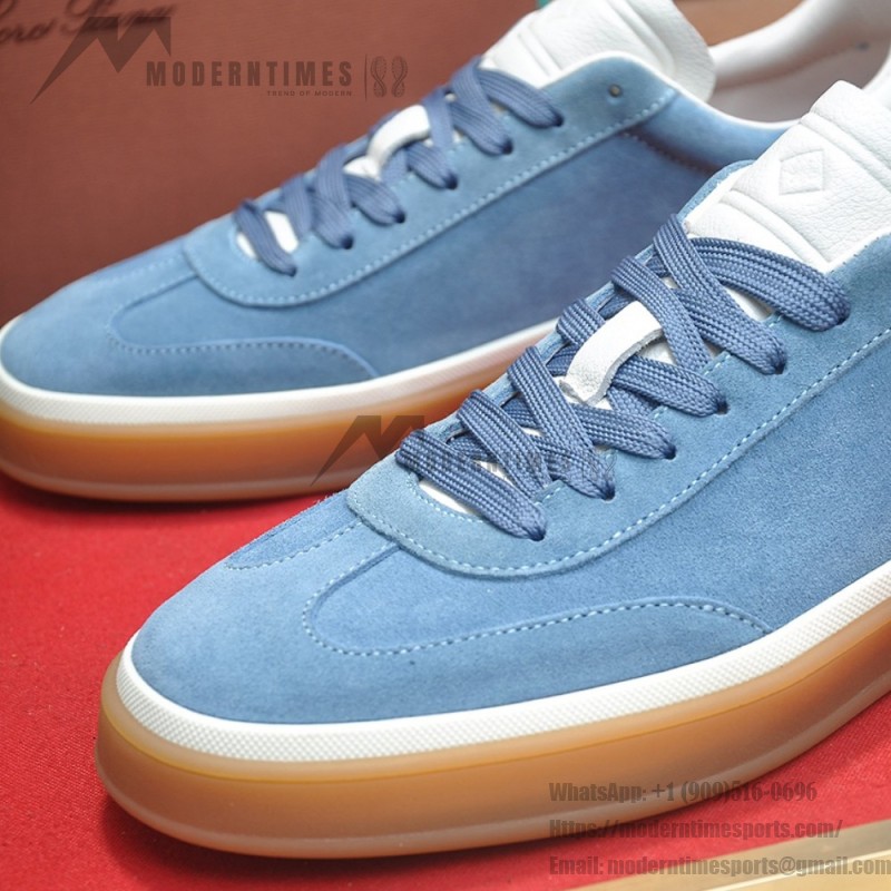 Loro Piana Tennis Walk Sneaker in Dusty Blue suede with white leather accents and Coffee Gum Sole