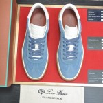 Loro Piana Tennis Walk Sneaker in Dusty Blue suede with white leather accents and Coffee Gum Sole