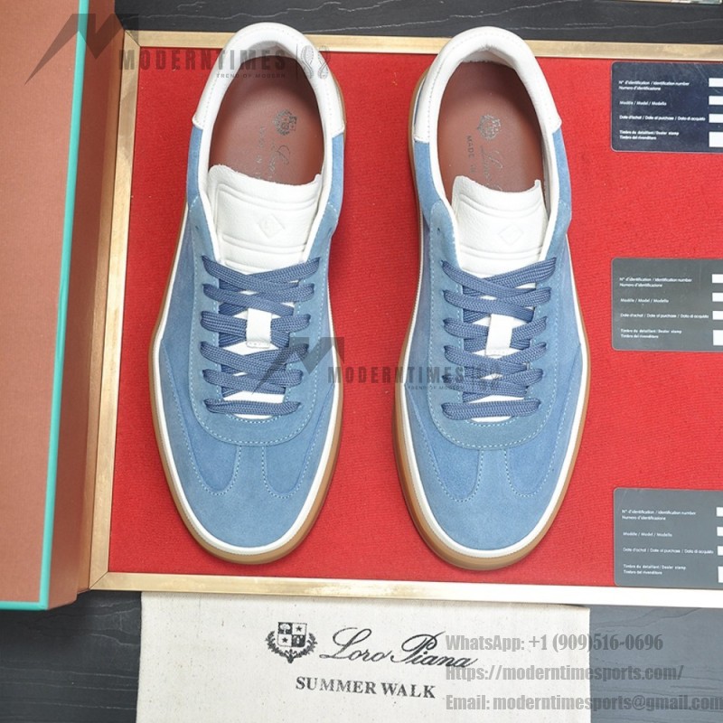 Loro Piana Tennis Walk Sneaker in Dusty Blue suede with white leather accents and Coffee Gum Sole