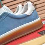 Loro Piana Tennis Walk Sneaker in Dusty Blue suede with white leather accents and Coffee Gum Sole