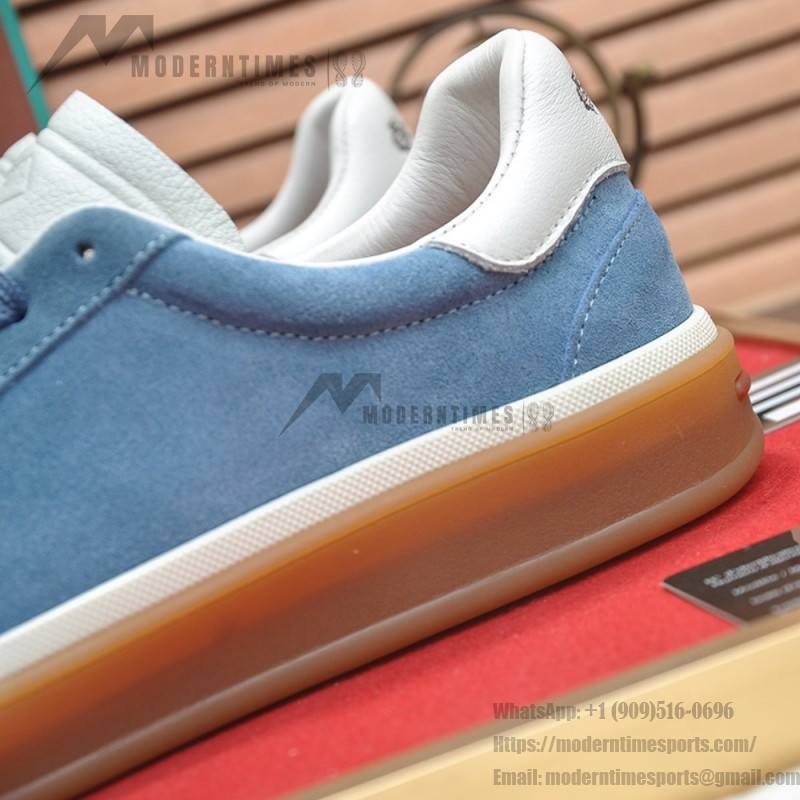 Loro Piana Tennis Walk Sneaker in Dusty Blue suede with white leather accents and Coffee Gum Sole