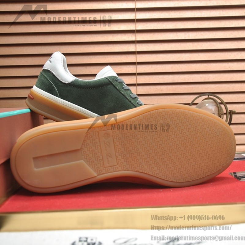 Loro Piana Tennis Walk Sneaker in forest green suede with white leather accents and Coffee Gum Sole