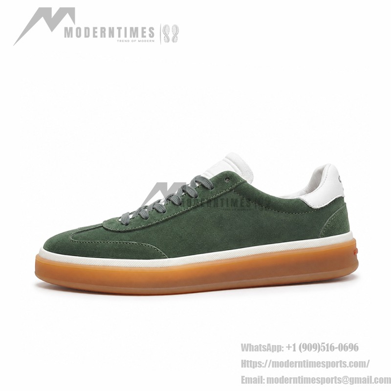 Loro Piana Tennis Walk Sneaker in forest green suede with white leather accents and Coffee Gum Sole