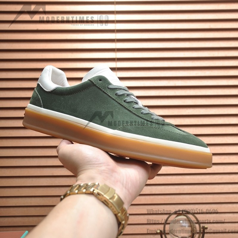 Loro Piana Tennis Walk Sneaker in forest green suede with white leather accents and Coffee Gum Sole