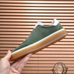 Loro Piana Tennis Walk Sneaker in forest green suede with white leather accents and Coffee Gum Sole