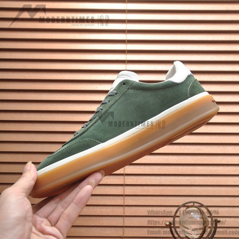 Loro Piana Tennis Walk Sneaker in forest green suede with white leather accents and Coffee Gum Sole