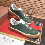 Loro Piana Tennis Walk Sneaker in forest green suede with white leather accents and Coffee Gum Sole