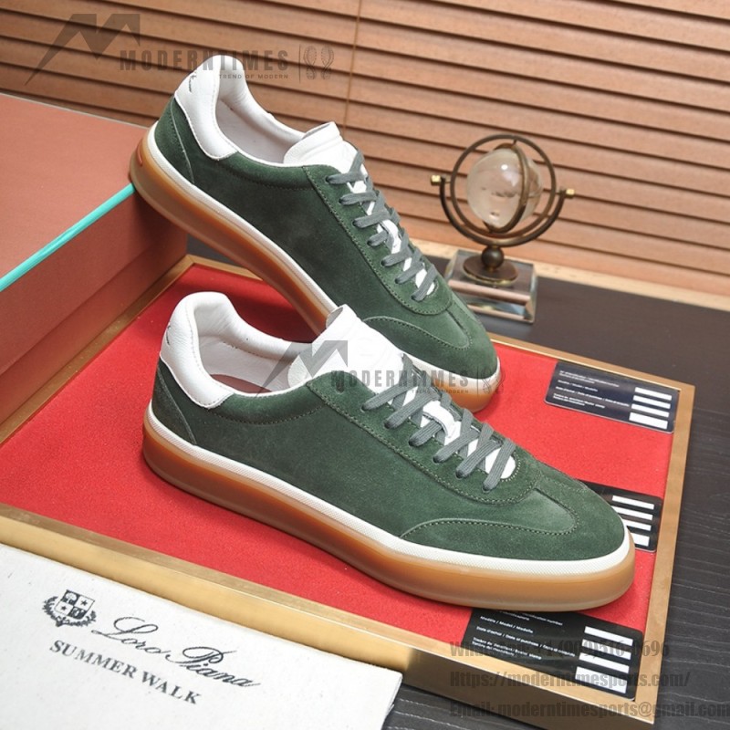 Loro Piana Tennis Walk Sneaker in forest green suede with white leather accents and Coffee Gum Sole