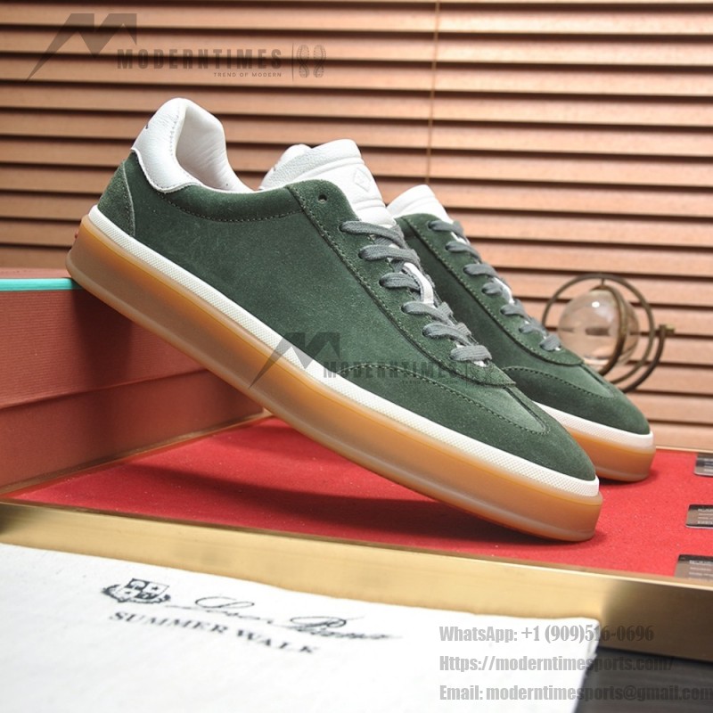 Loro Piana Tennis Walk Sneaker in forest green suede with white leather accents and Coffee Gum Sole