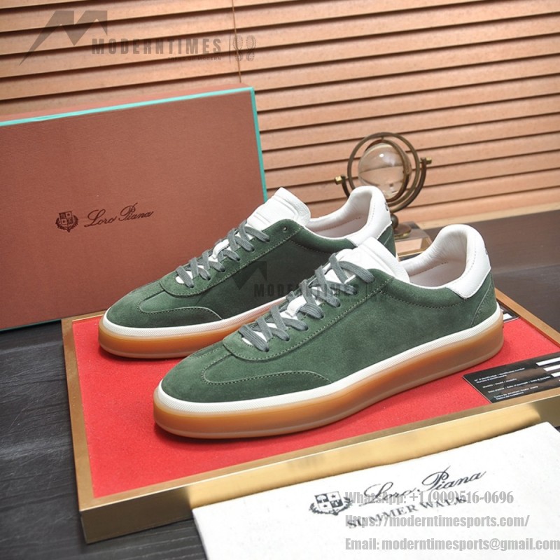 Loro Piana Tennis Walk Sneaker in forest green suede with white leather accents and Coffee Gum Sole
