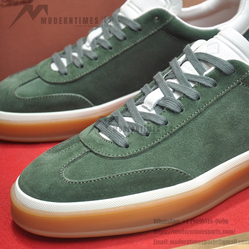 Loro Piana Tennis Walk Sneaker in forest green suede with white leather accents and Coffee Gum Sole