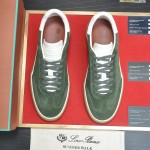 Loro Piana Tennis Walk Sneaker in forest green suede with white leather accents and Coffee Gum Sole