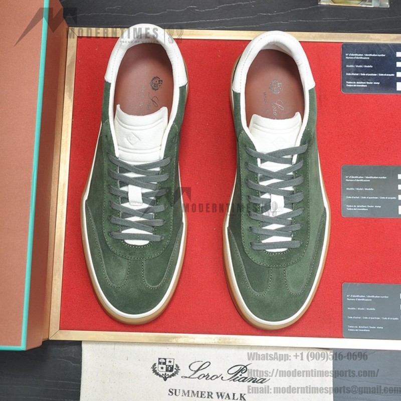 Loro Piana Tennis Walk Sneaker in forest green suede with white leather accents and Coffee Gum Sole