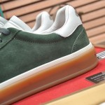 Loro Piana Tennis Walk Sneaker in forest green suede with white leather accents and Coffee Gum Sole