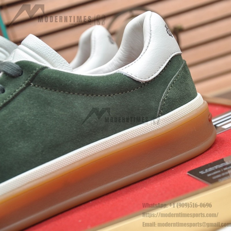 Loro Piana Tennis Walk Sneaker in forest green suede with white leather accents and Coffee Gum Sole