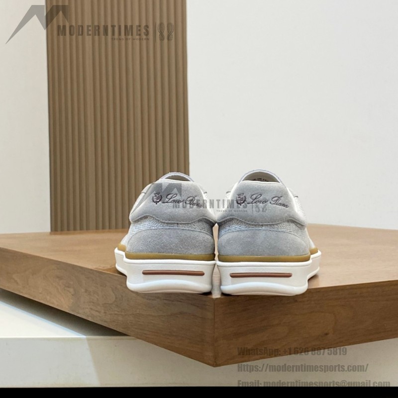 Loro Piana Tennis Walk Sneaker in light grey woven textile and tonal suede with caramel trim and white rubber sole