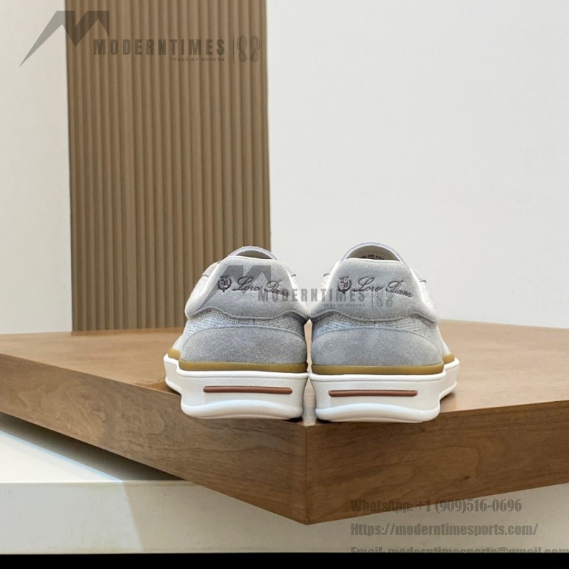 Loro Piana Tennis Walk Sneaker in light grey woven textile and tonal suede with caramel trim and white rubber sole