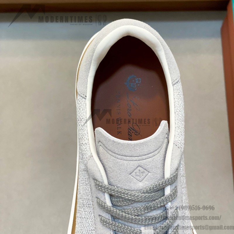 Loro Piana Tennis Walk Sneaker in light grey woven textile and tonal suede with caramel trim and white rubber sole