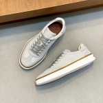 Loro Piana Tennis Walk Sneaker in light grey woven textile and tonal suede with caramel trim and white rubber sole