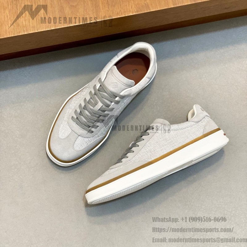 Loro Piana Tennis Walk Sneaker in light grey woven textile and tonal suede with caramel trim and white rubber sole