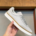 Loro Piana Tennis Walk Sneaker in light grey woven textile and tonal suede with caramel trim and white rubber sole