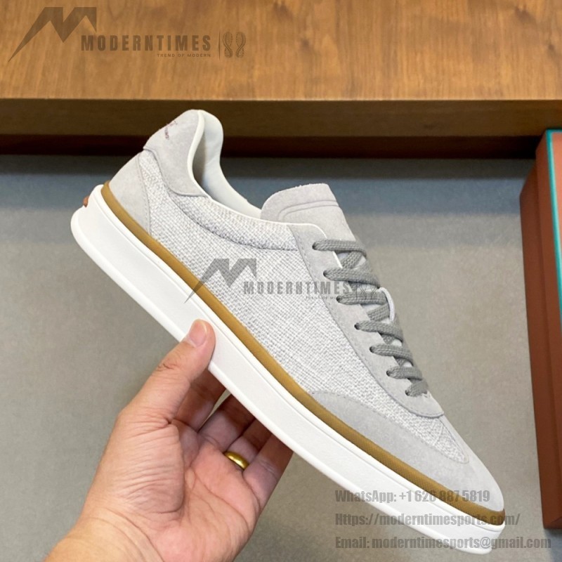 Loro Piana Tennis Walk Sneaker in light grey woven textile and tonal suede with caramel trim and white rubber sole