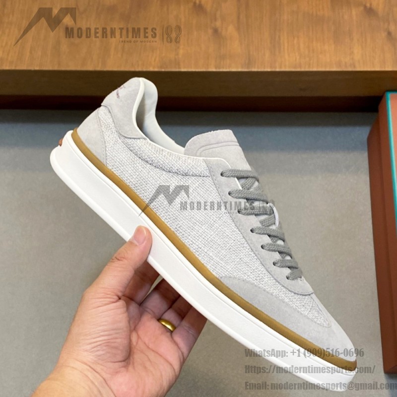 Loro Piana Tennis Walk Sneaker in light grey woven textile and tonal suede with caramel trim and white rubber sole